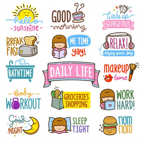 Daily life elements illustration set Pre... | Premium Vector #Freepik #vector #label Daily Planner Stickers, Zestaw Ikon, Free Printable Planner Stickers, Elements Illustration, Stickers Design, Scrapbook Stickers Printable, Planner Printables Free, Bullet Journal Stickers, Printable Planner Stickers