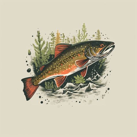 Trout Fish, Lake Trout Tattoo, Simple Trout Tattoo, Trout Drawing, Fishing Art, Trout Wallpaper, Brook Trout Tattoo, Trout Illustration, Fly Fishing Art Drawing