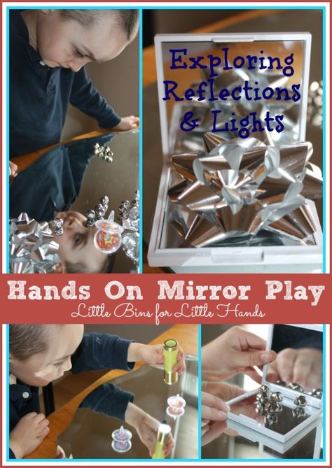 Simple Mirror Activity: Exploring Reflections with Light & Objects {Hands On Play Party} Mirror Activities, Mirror Activity, Provocations Kindergarten, Discovery Table, Stem Art, Simple Mirror, Reflection Activities, Play For Kids, Baby Mirror