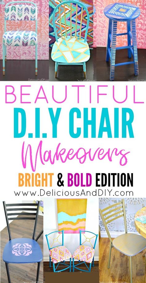 These Bright and Bold DIY Chair Makeovers will surely brighten up any space| Fun Chair Makeover Ideas, DIY Chair Makeover Ideas, Home Decor, Seat Makeover Ideas, Painted Chairs, Reupholstered Chair Makeover Ideas, Upcycled Chair Ideas, Repurposed Furniture Chair Makeover Ideas, Fun Chair, Repurposed Furniture Ideas, Diy Space, Reupholster Chair, Chair Makeover, Simple Furniture, Painted Chairs, Diy Chair