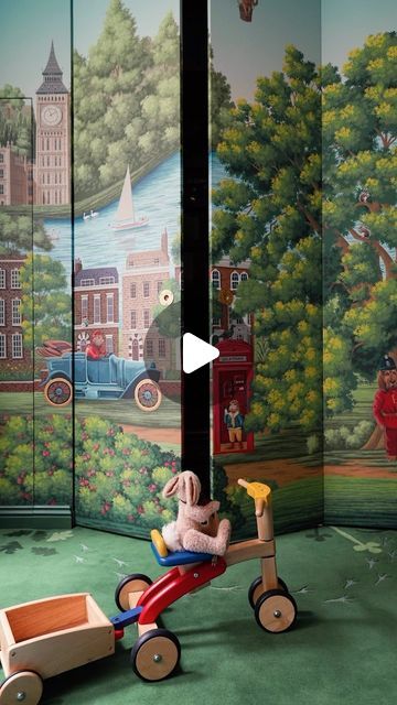 de Gournay on Instagram: "It was almost as fun for me to create this playroom as it is for the children (and Clover the bunny) to play in it…

Joinery by the innovative @shapelondon 
The cheeriest yellow steel windows by @clementwindows 
A bespoke rug to jive perfectly with the wallpaper designed with and created by @therugcompany
Handmade Bunny Clover by @canterburybears 
Cushions by @designersguild 
All wallpapers have a matte glaze to make them extra child-friendly

____________________________⁣
#degournay #degournaywallpaper #interiordesign #handpainted #handpaintedwallpaper #playroom #kidsroom" De Gournay Wallpaper, Brambly Hedge, Handmade Bunny, Hand Painted Wallpaper, Steel Windows, Red Bird, Child Friendly, Jive, Red Birds