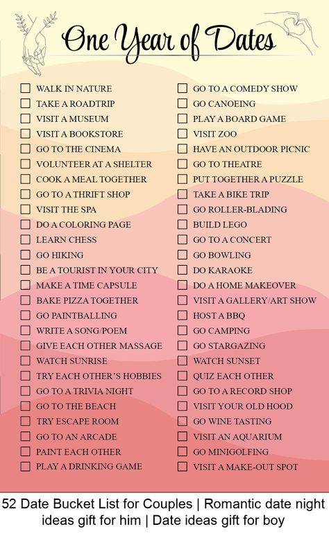 This unique bucket list for couples features a list of exciting and romantic date ideas to inspire your next outing. Whether you're looking for adventurous activities, romantic date nights, or simple and sweet gestures, this date ideas bucket list has something for everyone. Get inspired and challenge yourselves - Can you complete them all in one year? FEATURES: - 52 unique date ideas - check the boxes when you go on a date - colored version - yo🌐#LoveStory #RomanticEncounters #HeartfeltConnections #DateNightIdeas #SoulmateSearch #FlirtyFridays #CandlelitDinners #StarryEyedMoments #LoveQuotes #DreamyDates #WhisperedPromises #AmourAdventures Dating Activities For Couples, Outdoorsy Date Ideas, One Year Date Ideas, Date List Ideas, Simple Date Ideas Couples, This Or That Date Ideas, Date Bucket List Ideas, Romantic Dates Ideas, List Of Date Ideas