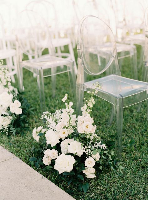 Ghost Chair Wedding, Ceremony Flowers Aisle, Wedding Color Pallet, Wedding Isles, Floral Installations, Ghost Chairs, Aisle Flowers, Wedding Aisle Decorations, Church Flowers