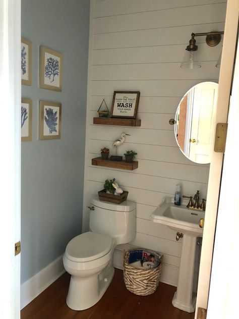 My coastal/farmhouse powder room with shiplap and antique gold fixtures. Farmhouse Powder Room Ideas, Powder Room Ideas Farmhouse, Farmhouse Powder Room, Beachy Farmhouse, Powder Room Ideas, Beautiful Bathroom Decor, Coastal Farmhouse Decor, Bathroom Themes, Coastal Bathrooms