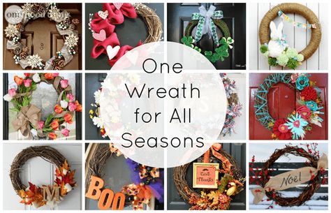 Make One Wreath for All Seasons - One Good Thing by JilleePinterestFacebookPinterestFacebookPrintFriendlyPinterestFacebook Wreath Changeable Seasons, Changeable Wreaths For Front Door, 4 Seasons Wreath, Wreath For All Seasons, Interchangeable Wreath, One Good Thing By Jillee, Bathroom Makeovers, Crafts Diy Projects, Handmade Gift Ideas