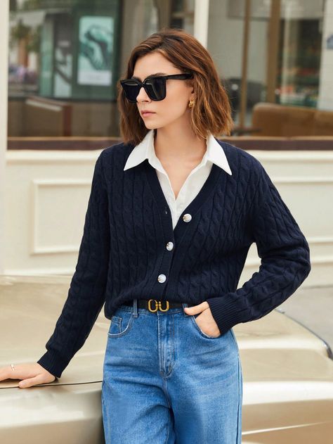 Long Navy Cardigan Outfit, Navy Cardigan Outfit Work, Navy Blue Cardigan Outfit, Navy Cardigan Outfit, Cardigan Outfit Work, Button Shirt Outfit, Blue Cardigan Outfit, Cardigan Outfit Summer, Cardigan Outfit Aesthetic