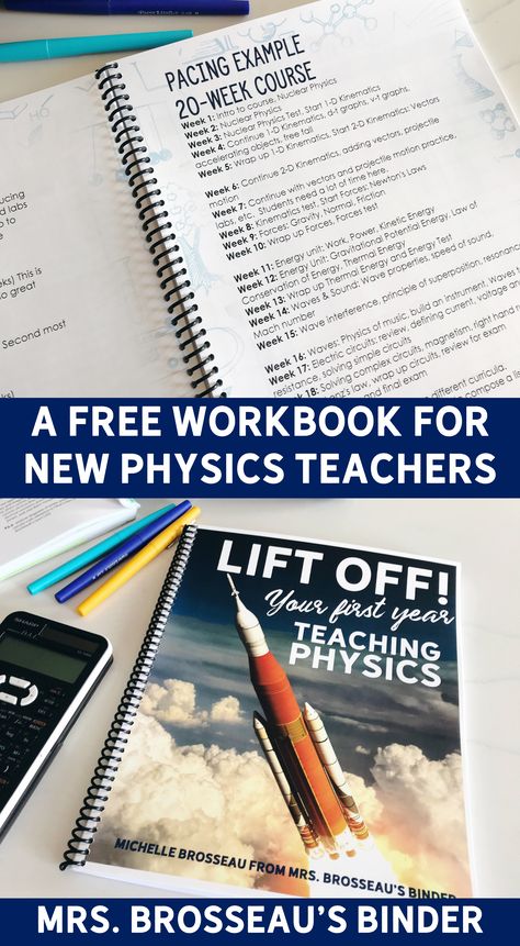 A FREE PDF workbook to help new Physics teachers (or new-to-Physics teachers) navigate their first years.  This workbook was designed to help you:  1. Feel more confident teaching Physics with key teaching strategies and time-saving resources.  2. Create a custom pacing guide for your Physics course based on your local curriculum.  3. Prepare for experiments by taking inventory of your lab equipment, creating a shopping list, and a 5-year equipment wish list. Physics Experiments High School, Teaching Physics, Physical Science High School, Conceptual Physics, High School Science Classroom, 2024 Classroom, Physics Test, Physics High School, Ap Physics