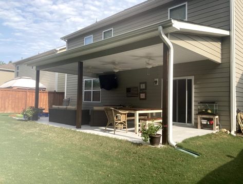 Spatial Solutions for A Builder-Grade Patio in Blythewood, SC Shed Roof Design, Two Story Windows, Builder Grade, Outdoor Kitchen Patio, Wooden Posts, Shed Roof, Porch Design, Two Story Homes, Concrete Patio