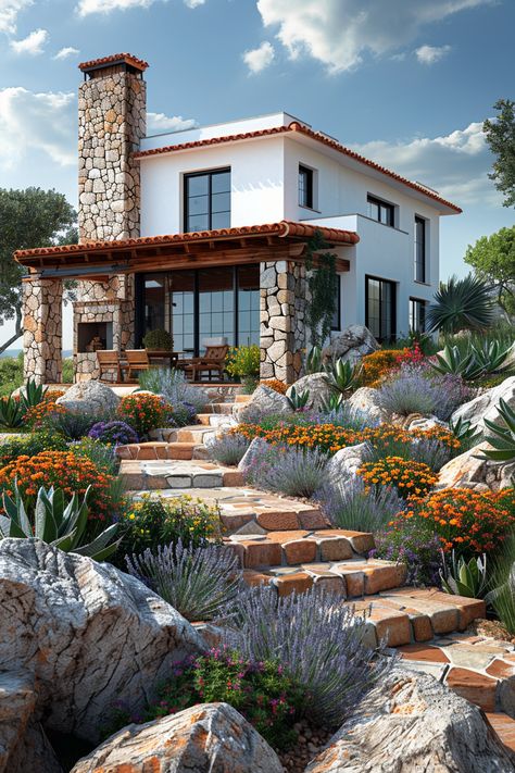 Timeless Mediterranean Charm with a passive design – this picturesque house features a white facade with stone accents, a red-tiled roof, and a distinctive stone chimney. The shaded porch is furnished with wooden outdoor furniture, while colorful plants adorn stone steps leading to the entrance. The surrounding landscape includes boulders and agaves, creating a charming, inviting atmosphere. Grupo Reunion passionately crafts sustainable, energy-efficient homes like this. Stone Houses Mediterranean, White Facade, House Mediterranean, Wooden Outdoor Furniture, Stone Chimney, Stone Steps, Passive Design, House Features, Energy Efficient Homes