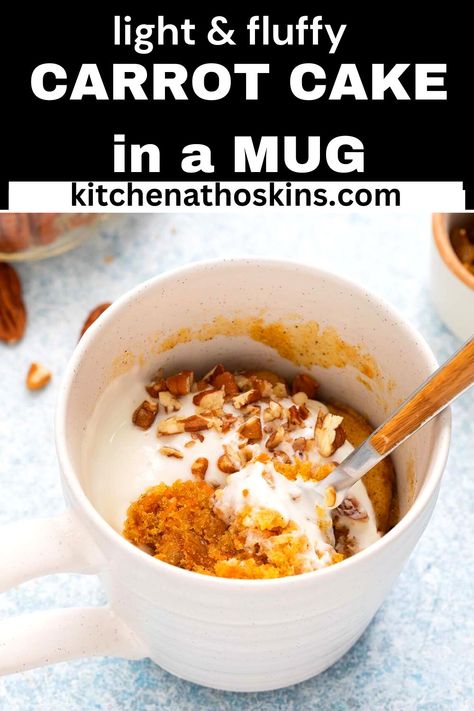 Amazing Carrot Mug Cake tastes just like a warm, soft and fluffy carrot cake but made in the microwave in under 2 minutes. Carrot Cake In A Mug, Carrot Cake Mug Cake, Carrot Mug Cake, Single Serve Dessert Recipes, Carrot Muffin Recipe, Funky Food, Cake Recipe Easy, Cake In A Mug, Vegetarian Platter