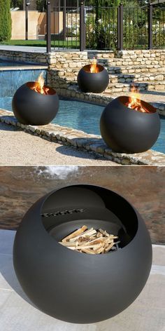 Outdoor Wood Burning Fire Pit, Backyard Statue Ideas, Fire Pit Balls, Wood Fire Pit Ideas Backyard, Fire Balls For Fireplace, Outdoor Gardens Ideas, Patio Ideas Fireplace, Patio Next To House, Garden Fireplaces Outdoor