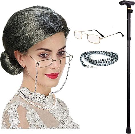 Amazon.com: Old Lady Wigs - Aunt Gertie Grandmother Wig w/Walking Cane,Madea Granny Glasses,Set1 : Clothing, Shoes & Jewelry Ruth Bader Ginsburg Costume, Mrs Santa Claus Costume, Granny Wig, Granny Costume, Granny Glasses, Red Riding Hood Wolf, Old Lady Costume, Santa Costume, Grey Wig