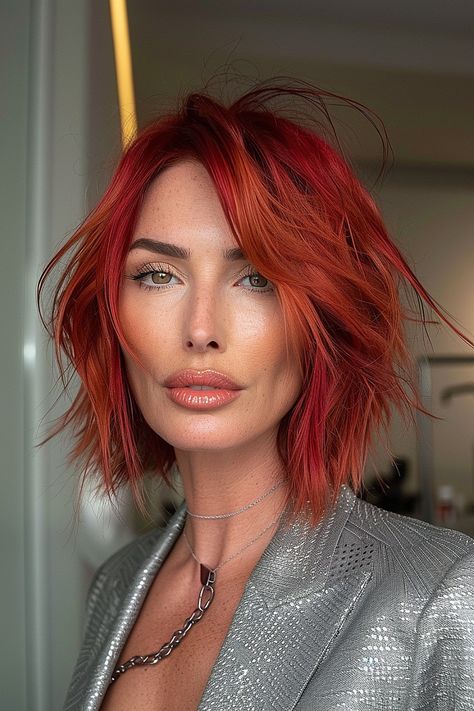 The Trendiest Layered Bob Haircuts of 2024 Rockstar Bob Hair, Red Layered Bob, Red Hair Bob Haircut, Red Hair Bob, Red Bob Haircut, Brunette Tones, Red Bob Hair, Messy Bob Haircut, Warm Brunette