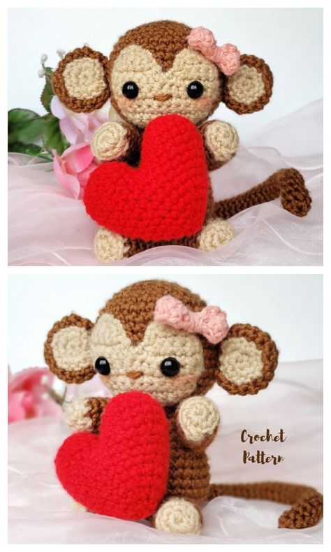 Crochet Valentine's Day Monkey Amigurumi Pattern Monkey Valentine, Monkey Amigurumi, Crochet Gift Ideas, Crochet Valentine Patterns, Crochet Monkey, Crochet Patterns Free, Monkey Pattern, Crocheting Patterns, Beginners Crochet