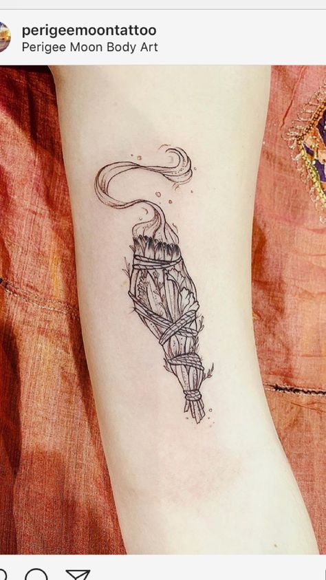 Sage Smudge Tattoo, Burning Sage Tattoo, Smudge Stick Tattoo, Smudge Tattoo, Incense Tattoo, Witchy Images, Sage Tattoo, Witch Tattoos, Witchy Tattoos