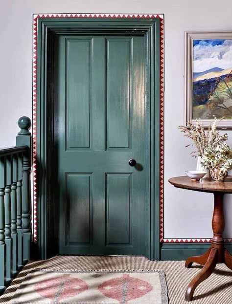 Green Hallway Doors, Wallpaper On Doors Panels, Folk Art Doorway, Stencil Around Doorway, Hallway With Painted Doors, Painted Doorways Interior, Painting Around Door Frame, Painted Inside Doors, Door Frame Painting Ideas