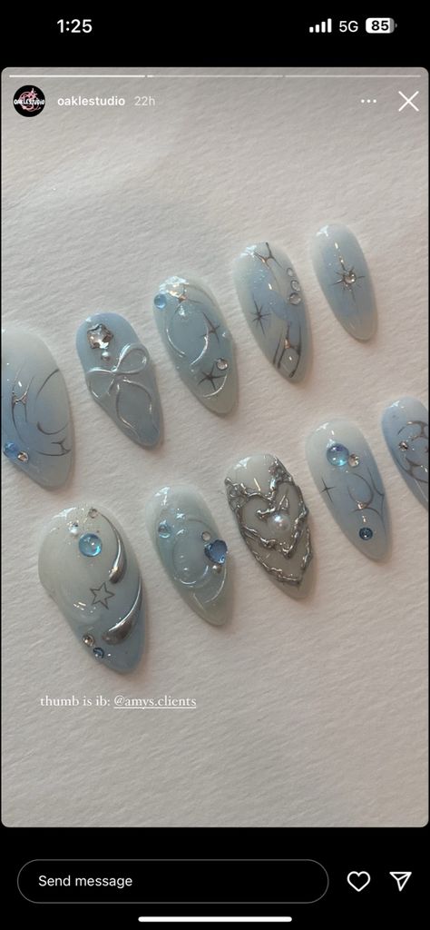 Korean Blue Nails Aesthetic, Txt Blue Hour Nails, Korean Idol Nails, Blue Fairy Nails, Enhypen Inspired Nails, Txt Inspired Nails, Txt Nails Designs, Blue Y2k Nails, Enhypen Nails