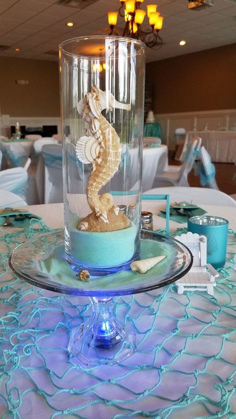 Ocean Themed Party For Adults, Under The Sea Centerpiece Ideas, Under The Sea Quinceanera Theme, Beach Centerpieces Diy, Underwater Theme Party, Beach Centerpieces, Beach Theme Wedding Cakes, Ocean Birthday Party, Diy Beach Decor