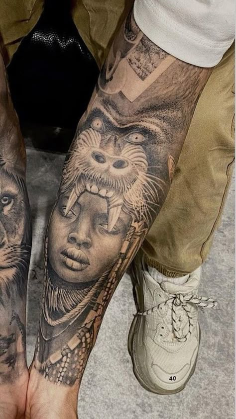 African Tattoo Half Sleeve, African Warrior Tattoo For Men, African Sleeve Tattoo Men, Africa Tattoos Men, Black Culture Tattoos, African Warrior Tattoos, African Sleeve Tattoo, Tattoo Leg Sleeve, Dark Skin Tattoo