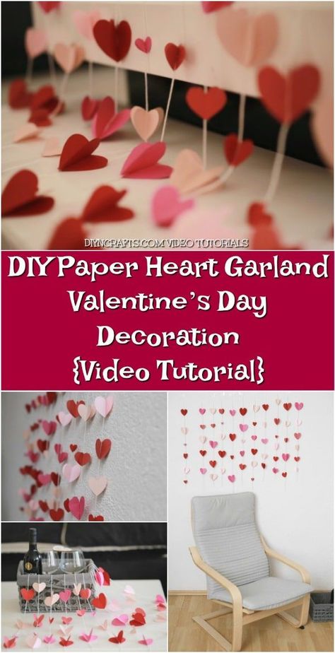 DIY Paper Heart Garland - Valentine’s Day Decoration {Video Tutorial} - Searching for the perfect way to transform any room for Valentine’s Day? In this video tutorial, you can learn how to make romantic wall décor using construction paper and thread. It’s an easy craft made out of simple supplies, but the results are gorgeous! Watch now. Decoration Video, Paper Heart Garland, Paper Wall Decor, Paper Craft Videos, Heart Garland, Diy And Crafts Sewing, Diy Origami, Paper Heart, Paper Garland