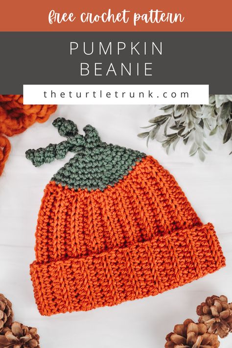 Photo shows a crochet beanie that looks like a pumpkin, laying on a white surface. Pumpkin Beanie crochet pattern by The Turtle Trunk. Easy Crochet Pumpkin, Pumpkin Hat Pattern, Pumpkin Beanie, Crocheted Beanies, Crochet Pumpkin Hat, Crochet Beanie Pattern Free, Crochet Newborn Hat, Kids Crochet Pattern, Crocheting Ideas