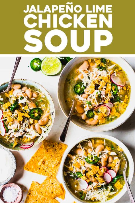 Jalapeño Lime Chicken Soup: simple and healthy with white beans, salsa verde, and a hit of fresh jalapeño and lime juice. YUM. | pinchofyum.com Jalepeno Chicken Crockpot Recipes, Jalapeño Lime Chicken Soup, Lime Chicken Soup, Hot Soup Recipes, October Meals, Jalapeño Soup, Clinical Dietitian, Soup Sunday, Soup Simple