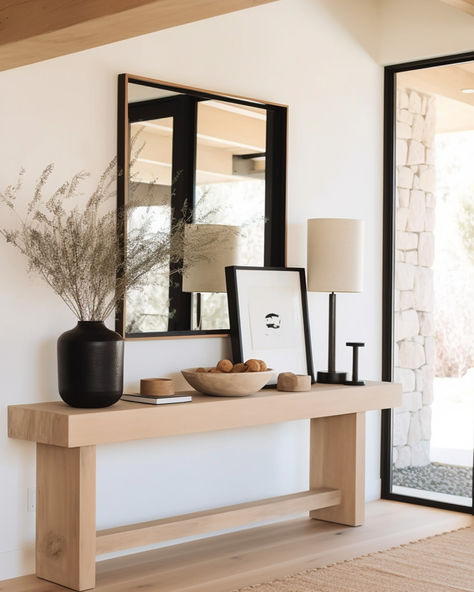 Discover the perfect balance of Japandi style in this hallway. A simple wood console, curated decor, and a large square mirror create a harmonious blend of elegance and minimalism.  Japandi style | Hallway | Interior Design | Home sweet Home | Decor Large Entryway Ideas Foyers, Corridors Design Home, Japandi Entryway, Japandi Dining Room Design, Hallway Interior Design, Minimalist Hallway, Modern Adobe, Home Sweet Home Decor, Large Square Mirror