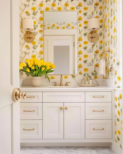 It's impossible to feel blue when you're surrounded by yellow and florals, right?  I adore floral wallpaper, but floral curtains bring such an elegant touch to any space.  Which one is your favorite, 1 or 2? 🌼  AI Design: @socialnectarco Yellow And Blue Bathroom, Yellow Floral Wallpaper, Color House, Wallpaper Gold, Powder Room Wallpaper, Home Redesign, Rustic Minimalist, Yellow Bathroom, Dinner Decor