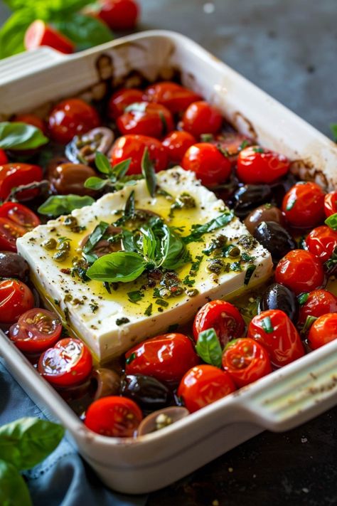 Baked feta cheese with cherry tomatoes, olives, and basil in olive oil, ready for cooking. Mediterranean Recipes Aesthetic, Diet And Health, Healthy Dinner Ideas Mediterranean, Mediterranean Tomato Recipes, Mediterranean Zoodle Recipes, Easy Eats Dietician, Meditteranean Diet Side Dishes, Easy Vegetarian Dinner Party Recipes, Mediterranean Diet Recipes With Zucchini