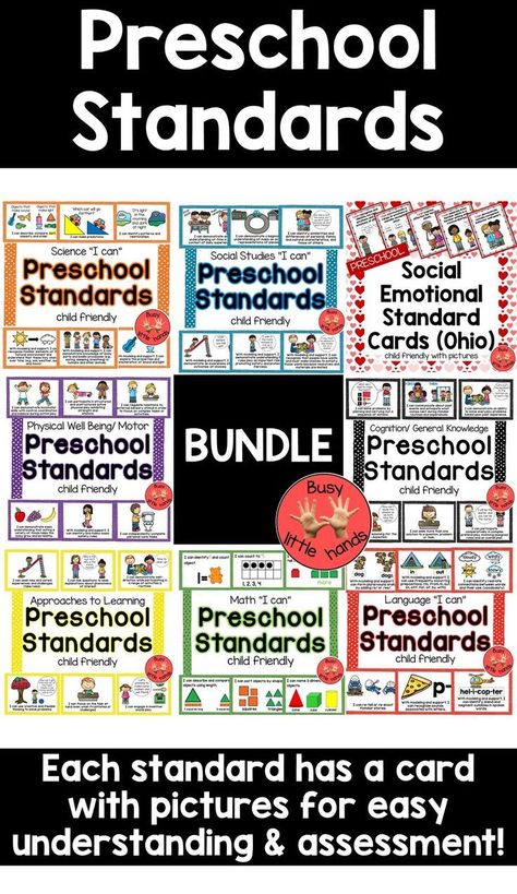 Feb 25, 2020 - Finally!!! All of Ohio's Early Learning and Development Standards have been made into child friendly cards to post around your classroom!! Data sheets are also included to staple on the backs of all of the standards to take notes and assess your students.Included in this bundle are the following st... Sped Preschool, Preschool Standards, Preschool Social Studies, Physical Well Being, Emotional Child, Rich Pins, Class Management, Child Friendly, Learning And Development