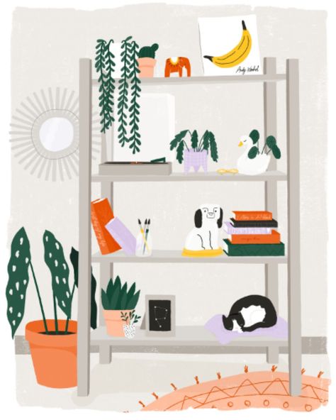 illustration by: Megan McNulty | interior, cupboards and shelves, plants, cats, books Retail Design Concept, Shelf Illustration, Bookshelf Illustration, Bookshelf Art, School Illustration, Easy Books, Type Illustration, Toy Design, Design Paper