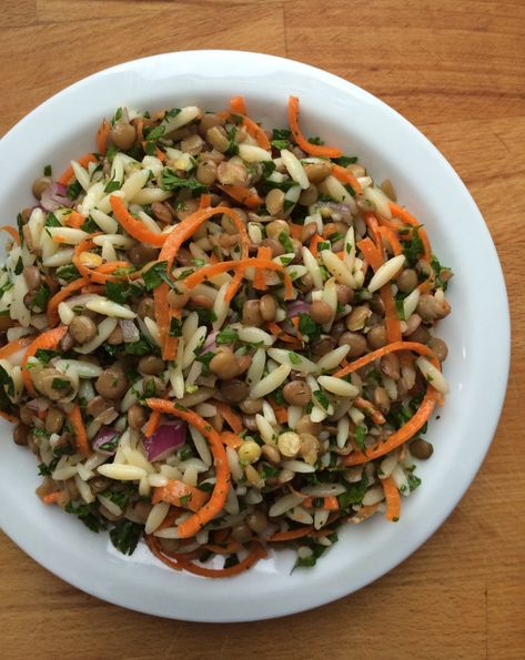 Lentil Orzo Salad – Emily Always Cooks Lowering Cholesterol, Orzo Salad, Lentil Salad, Dinner Salads, Food Pantry, Orzo, Clean Recipes, Red Onion, Blood Sugar