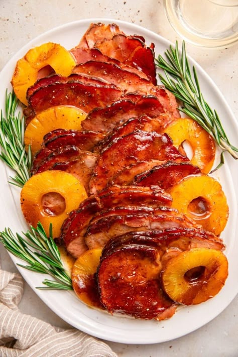 Sticky Pineapple Brown Sugar Glazed Ham Slow Cooker Pineapple Ham, Baked Ham Recipes, Recipes With Cooked Ham, Holiday Meat, Ham Glazes, Brown Sugar Glazed Ham, Pineapple Glaze For Ham, Slow Cooked Ham, Christmas In Hawaii