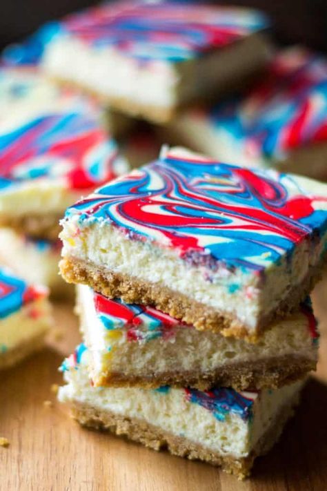 Red White and Blue Cheesecake Bars | A Wicked Whisk Red White And Blue Cheesecake, Red White And Blue Desserts, Blue Cheesecake, Patriotic Desserts, Blue Desserts, 4th Of July Desserts, July Ideas, Fourth Of July Food, Oreo Dessert