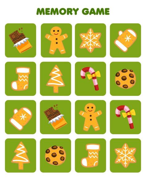 Education game for children memory to find similar pictures of cute cartoon chocolate gingerbread candy cookie printable winter worksheet Candy Memory Game, Christmas Emoji Game Free Printable, Christmas Memory Game Free Printable, Winter Memory Game, Gingerbread Man Games, Cartoon Chocolate, Winter Worksheet, Cookie Printable, Easter Templates Printables