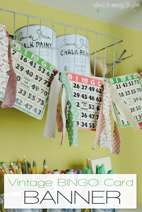 This Vintage BINGO Card Banner is a fun way to add a touch of retro to any space. See how easy it was to put together. Bingo Party Decorations, Vintage Banners, Ideas Birthday Card, Mopping The Floor, Bingo Party, Bingo Night, Vintage Banner, Bingo Cards Printable, Bingo Card