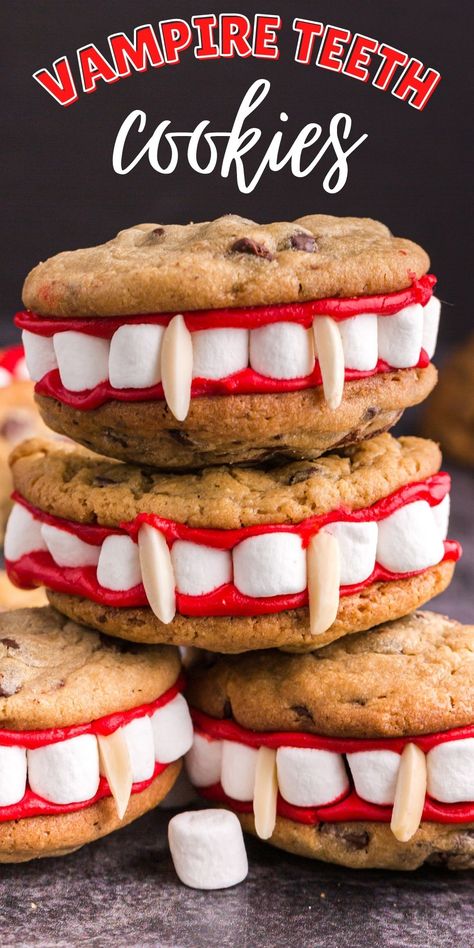 These Vampire Teeth Cookies are a spooky treat you can really (ahem) sink your teeth into. Super cute and easy to make! via @familyfresh Haunted House Party Food Ideas, Vampire Snacks Food Ideas, Vampire Snack Ideas, Vampire Desserts, Vampire Deserts, Halloween Slice And Bake Cookies, Vampire Treats, Vampire Desserts Treats, Vampire Teeth Treats