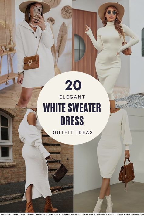 White sweater dress outfits are so chic! Style with boots for winter outings or add tights for work looks. Perfect for casual days or fancy nights. Discover warm and elegant outfit ideas now! White Turtleneck Sweater Dress, White Jumper Dress Outfit, White Sweater Dress Outfit Boots, White Sweater Dress With Tights, Off White Sweater Dress Outfit, Long White Sweater Dress Outfit, Bodycon Dress With Sweater Over It, White Knit Dress Outfit Winter, Cream Knit Dress Outfit