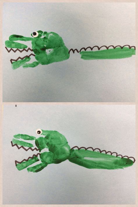 Alligator handprint craft Handprint Crocodile, Alligator Art Preschool, Alligator Handprint Craft, Handprint Alligator, Alligator Craft, Alligator Crafts, Oviparous Animals, Spring Toddler Crafts, Zoo Preschool