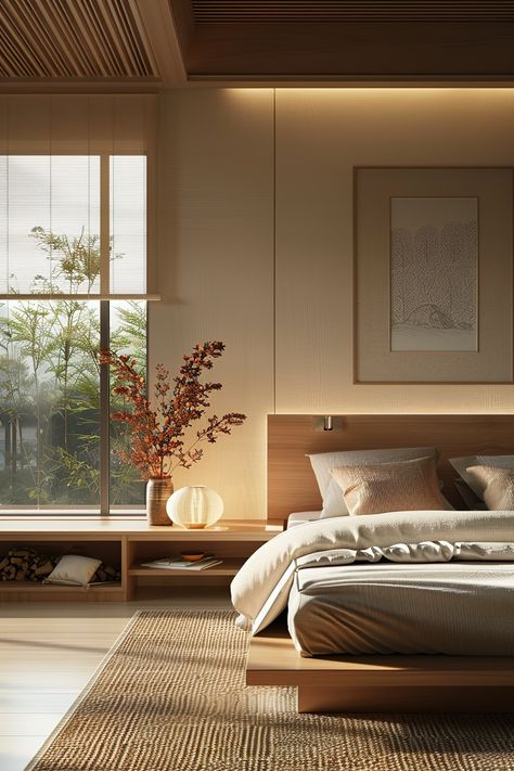 Discover elegant Japandi bedroom style tips. Find out how to select furniture, textiles, and decor that promote rest and relaxation, using a mix of neutral and earthy tones to create a harmonious space. 🎨🛌 Japanese Modern Interior Bedroom, Japandi Ceiling Design, Minimalist Bedroom Japanese, Japandi Interior Bedroom, Earthy Luxury Bedroom, Japandi Bedroom Interior, Bedroom Neutral Colors, Japandi Interiors Bedroom, Modern Minimalist Bedroom Design