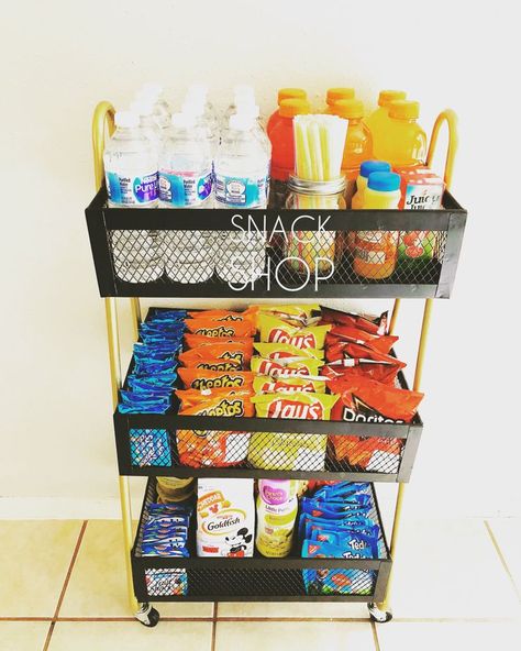 Best Snacks For Work Desk, Snack Ideas From Store, Diy Snack Stand, Snack Trolley Ideas, Snack Store Ideas, Snack Store For Chores, Snack Stand Ideas, Classroom Snack Station, Snack Cart Ideas For Home