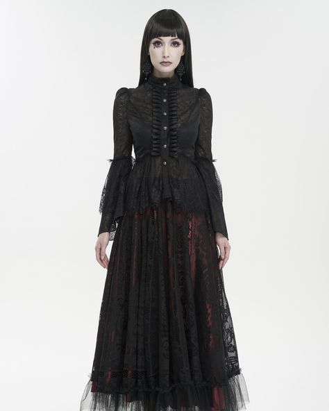 The Beatrice Blouse 🕸️🥀🕸️ A gorgeous lace blouse to dress up or down, with period drama glamor and subtle goth sexiness. A high, buttoned neck, sheer bell sleeves and fitted waist provide a beautiful silhouette. 🩶 ☞ Tap the Pic to Shop! ⚓ We Ship Worldwide. 🕸 www.gothmall.com 💀 @gothmall 🦇 🕸 🦇 #goth #gothgoth #gothic #gothgirl #gothicgirl #gothfashion #gothicfashion #gothstyle #gothicstyle #gothpeople #darkgirl #instagoth #gothoutfit #allblackeverything #allblack #tradgothfashion #palegothi... Rock Style Outfits, Body Dimensions, Rock Style Clothing, Stand Collar Shirt, Gothic Shirts, Alternative Apparel, Style Gothic, Black Pants Men, Rock Outfit