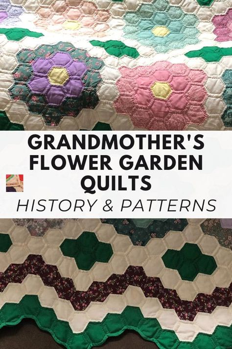 Grandma’s Flower Garden Quilt Pattern, Grandmas Flower Garden Quilt Pattern Free, Grandma Flower Garden Quilt, Grandmother’s Flower Garden Quilt, Grandmothers Flower Garden Quilt Pattern, Hydrangea Quilt, Garden Templates, Hexie Patterns, Hexie Quilts Patterns