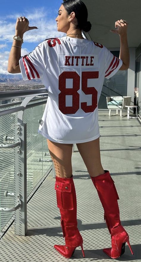 Claire Kittle, 49ers Outfit Women, 49ers Outfit, 49ers Jersey, Leather Thigh High Boots, Jersey Outfit, Outfit Women, San Francisco 49ers, Thigh High Boots