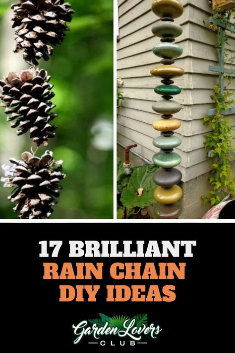 17 Brilliant Rain Chain Ideas! If you would like to replace your downspouts with a decorative rain chain, here are 17 fun DIY rain chain ideas to inspire you. Stone Rain Chains, Diy Rainchain Ideas, Drain Chain Downspout Ideas, Rain Water Chain, Clay Pot Rain Chain, Down Spouts Ideas Creative, Waterbutt Ideas Diy, Tin Can Rain Chain Diy, Rainscaping Ideas Diy