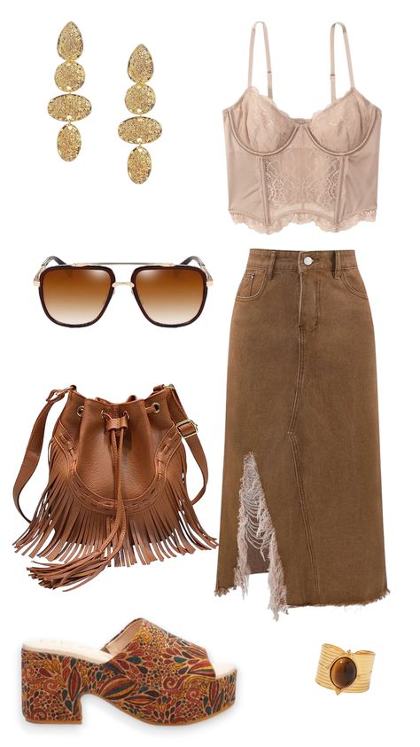 Boho Chic Neutral Outfit, Downtown Nashville Outfits Summer, Concert Outfit Boho, Statement Shoes Outfit, Chic Outfits Polyvore, Boho Concert Outfit, Stagecoach Outfit Ideas, Stagecoach 2024, Balconette Corset