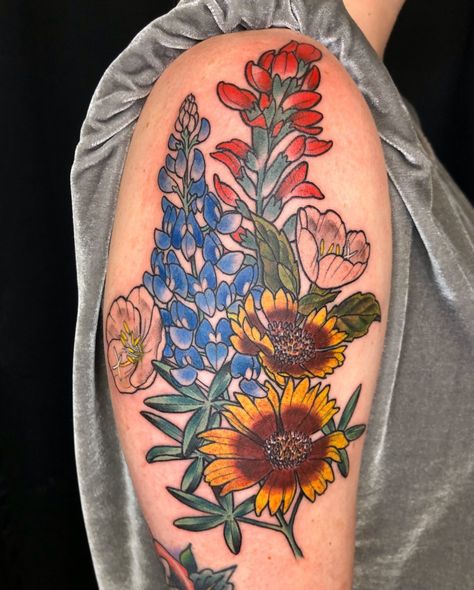 Texas wildflowers for Kelsey made at Electric Eye Studio. You sat like a 🏆! Lovely working with you guys! See ya next... Texas Wild Flower Tattoo, Texas Wildflower Tattoo Sleeve, Texas Flower Tattoo, Texas Wildflower Tattoo, Texas Tattoos Women, Western Floral Tattoo, Floral Tattoo Ideas, Questioning Reality, Friendship Tattoo