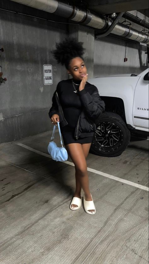 yeezy slides outfit | yeezy slides outfit black girl | pretty black girl outfits | outfits for black girls | outfit inspo | black dress outfit black girl Dress With Yeezy Slides, Yezzy Slides Outfits Girl Black, Yezzy Slides Outfits Girl, Yeezy Slides Outfit, Slides Outfits, Slides Outfit, Yeezy Slides, Black Dress Outfits, Outfit Black