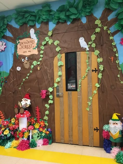 Enchanted Forest Classroom Door, Enchanted Forest Classroom Theme, Storybook Classroom, Hoco Themes, Disney Bulletin Boards, Enchanted Forest Book, Library Door, Enchanted Forest Decorations, Hallway Decorations