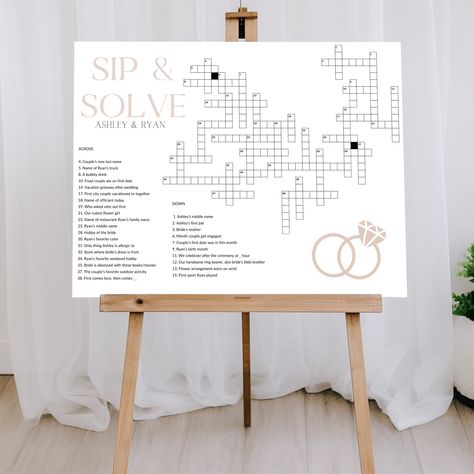 "Wedding Crossword For Cocktail Hour and Reception, Made to Order Customizable Puzzle, Digital Download, Ready in Less Than 24 Hours  Welcome to Rooted in Love Paperie! We are so excited to be able to help make your event so special and everything you ever dreamed it would be!  🌱 Instructions:  Upon check-out, please send me a Etsy message with the following: 1) Names of the happy couple you wish to have on the crossword 2) Color of rings/names on crossword (ie. #BED2DD) 3) 20-40 clues formatte Cocktail Hour Centerpieces, Wedding Crossword Puzzle, Rooted In Love, Cocktail Hour Wedding, Wedding Cross, Couple Questions, Cocktail Reception, September Wedding, Cute Wedding Ideas